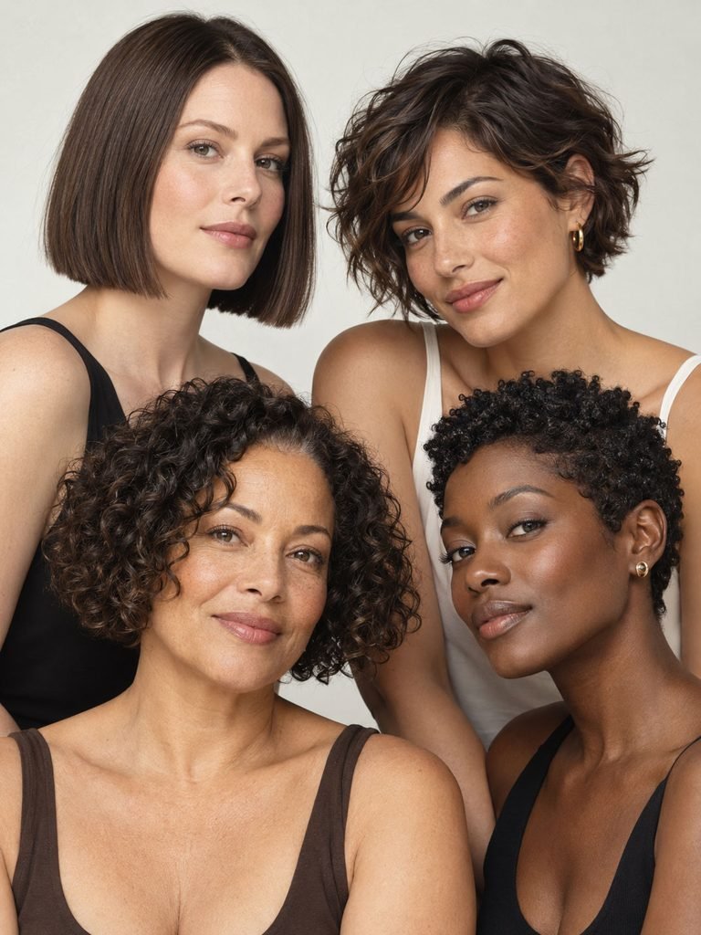 Four women with fine straight, wavy, curly, and coily short hairstyles