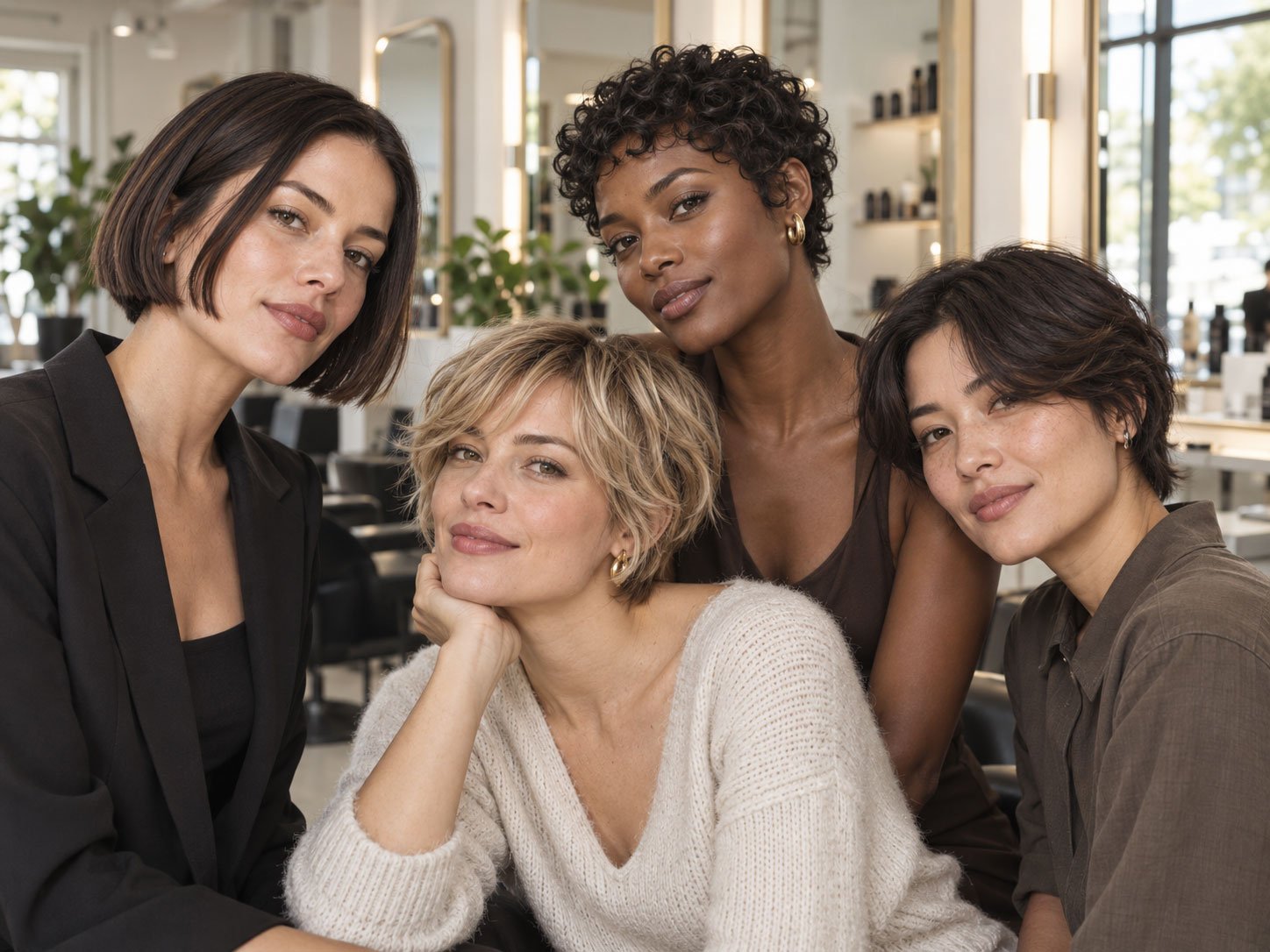 Four adult women wearing a boy bob, bixie, curly pixie, and soft short crop