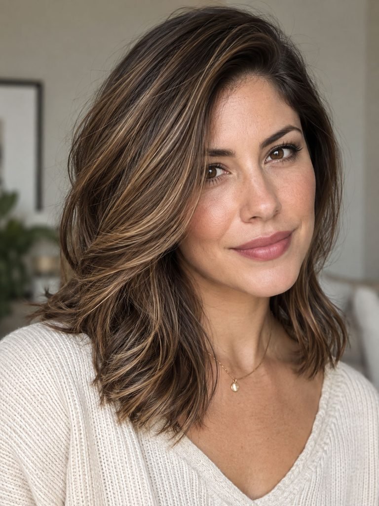 Medium hair with a deep side part and long sweeping face framing layer