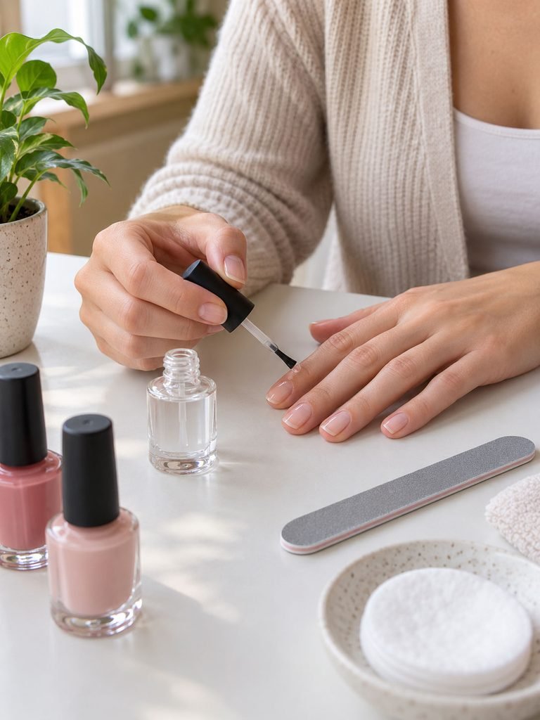 Hands applying clear top coat beside a nail file and plain polish bottles