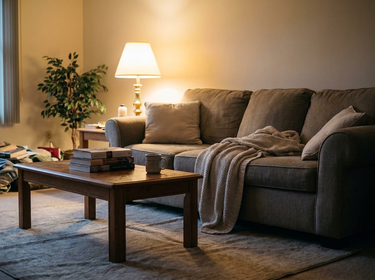Warm and inviting living room with soft throws and lamp light in the evening