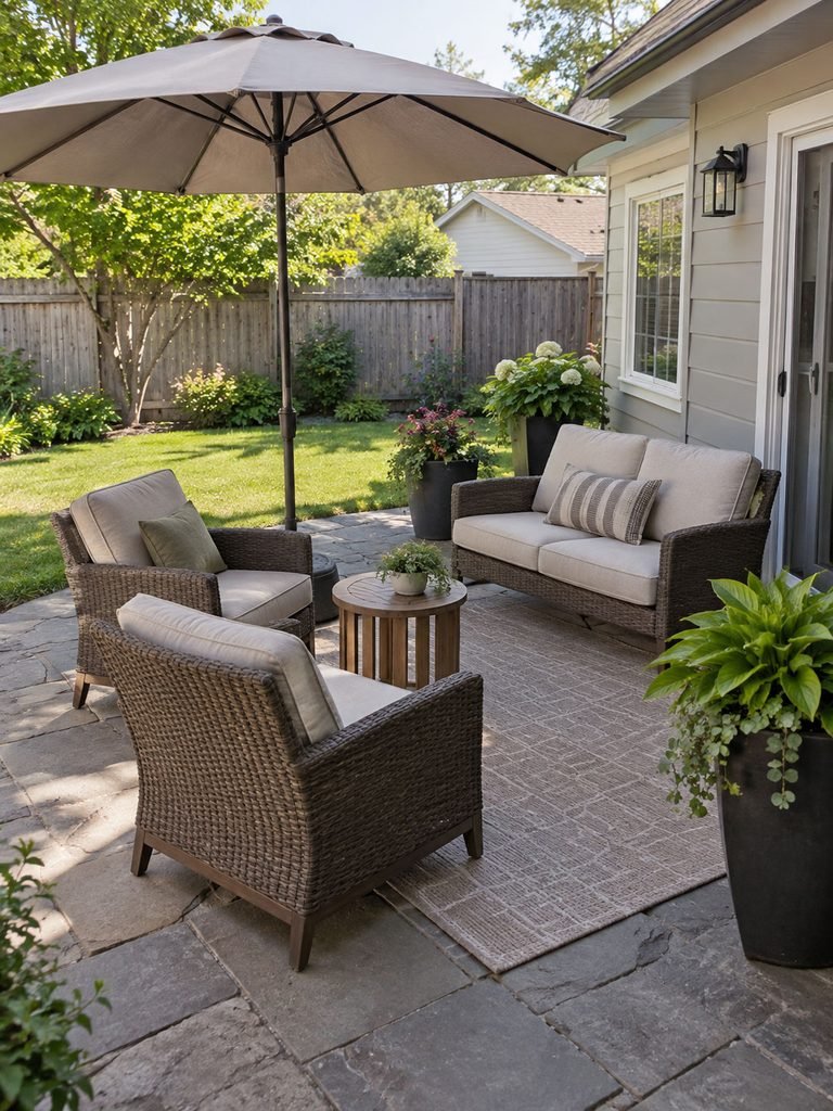 Small finished backyard patio with comfortable seating, shade, plants and restrained decor