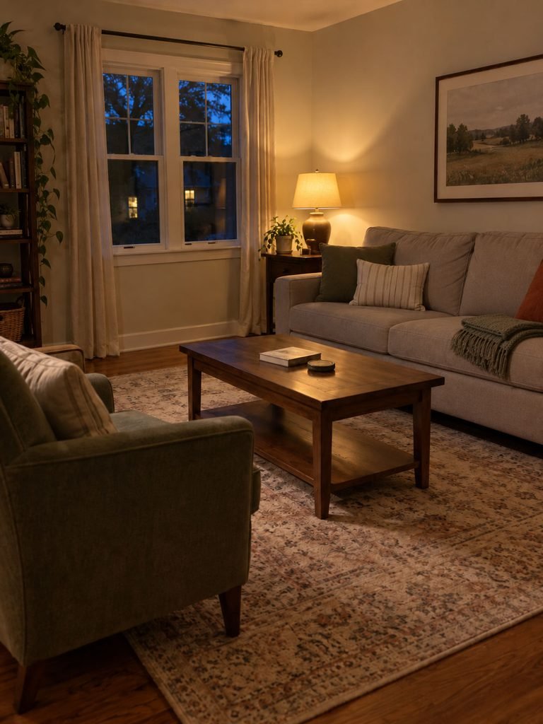 Tidy living room with a warm table lamp, rearranged chair and one folded throw