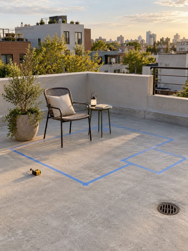 Compact rooftop planning setup with one chair, painter tape, a planter and a battery lantern