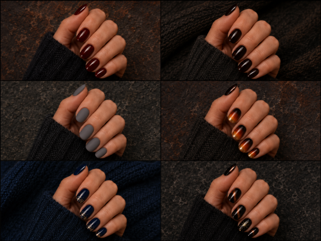 Grid of six Bonfire Night nail designs including an ember gradient, gold glitter tips, a sparkler streak, glossy red, matte grey and a gold firework burst.