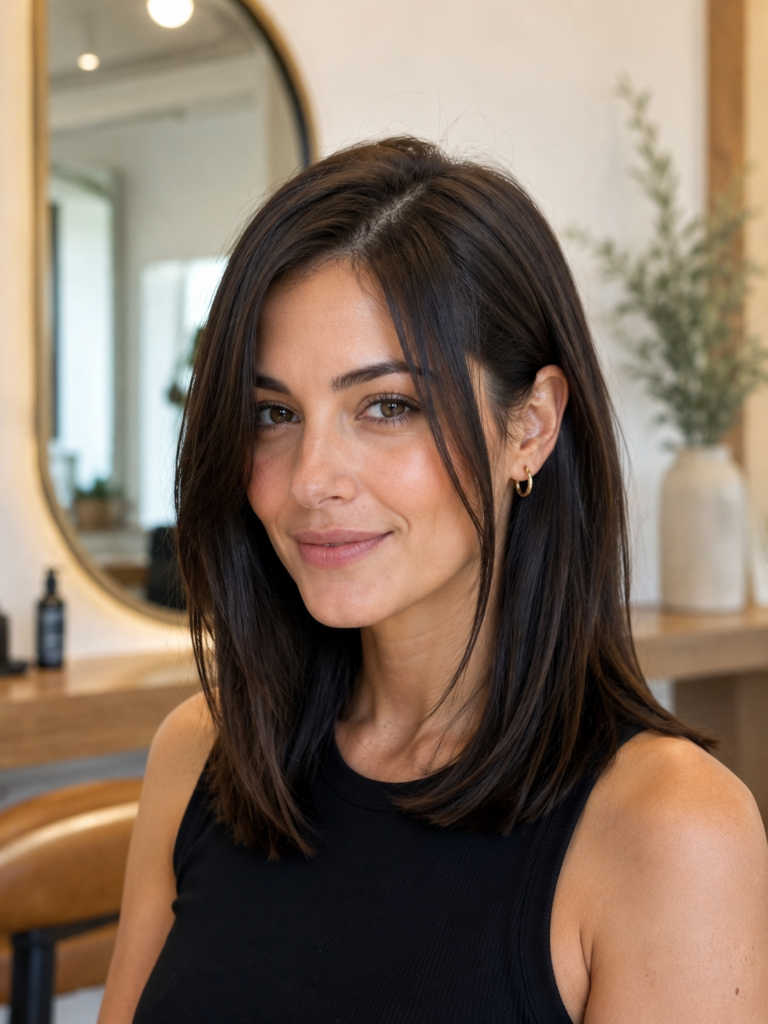 Sleek medium-length haircut with a clean outline and subtle jaw-length framing pieces.