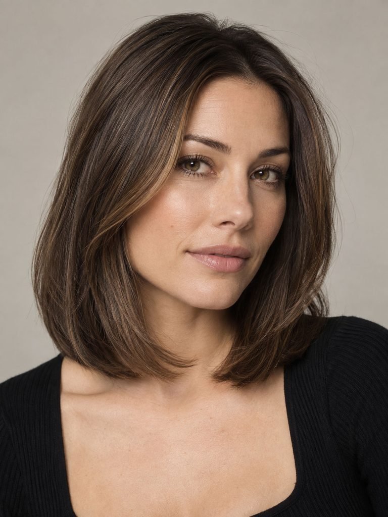 Sleek shoulder length hair with a solid outline and subtle jaw length front pieces