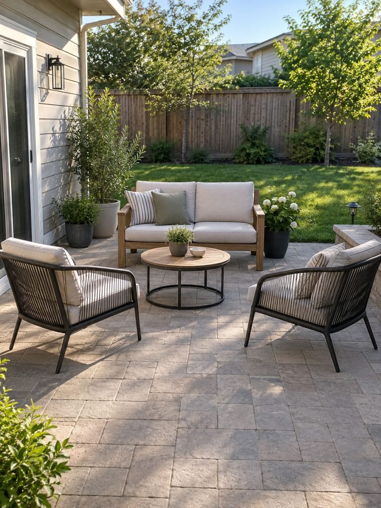 Compact backyard patio with a loveseat, two chairs and a small table arranged around open circulation space