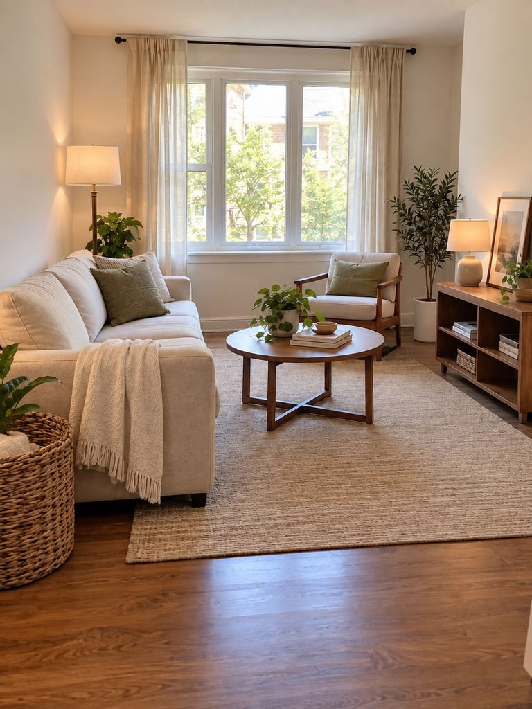 Compact rental living room with plug in lamps, breathable textiles and movable decor