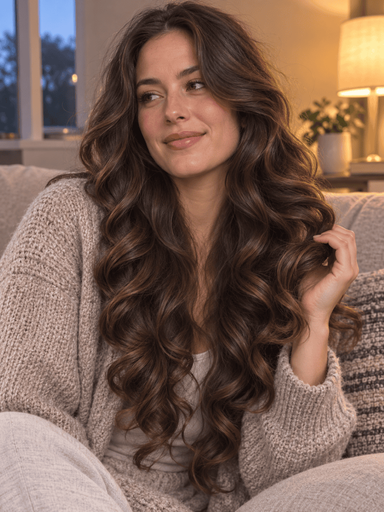 Soft long lasting barrel curls on long brown hair in warm evening light