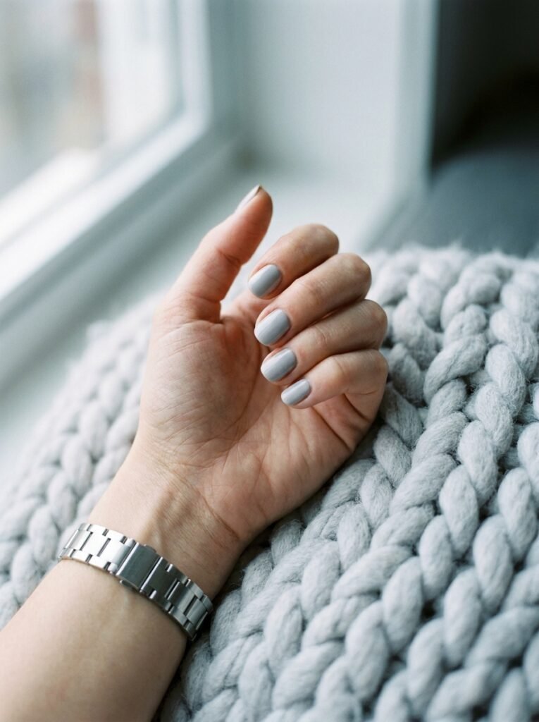 Soft dove grey manicure on a hand resting on a pale grey knit blanket.