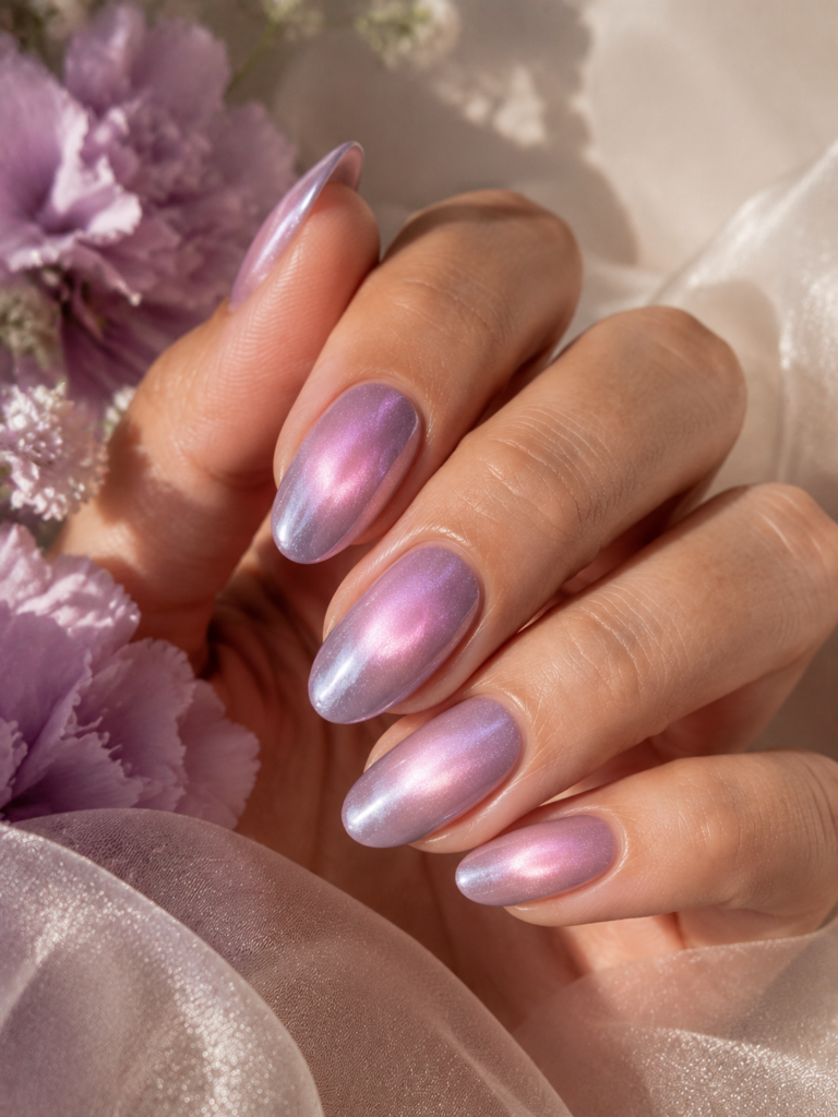 Lavender cat eye nails with a soft pink magnetic aura.
