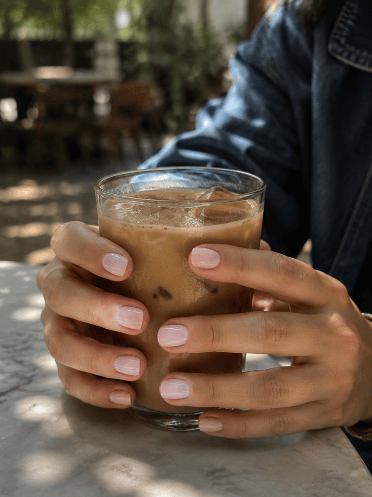 Sheer milky pink nails holding an iced coffee at a sunny cafe