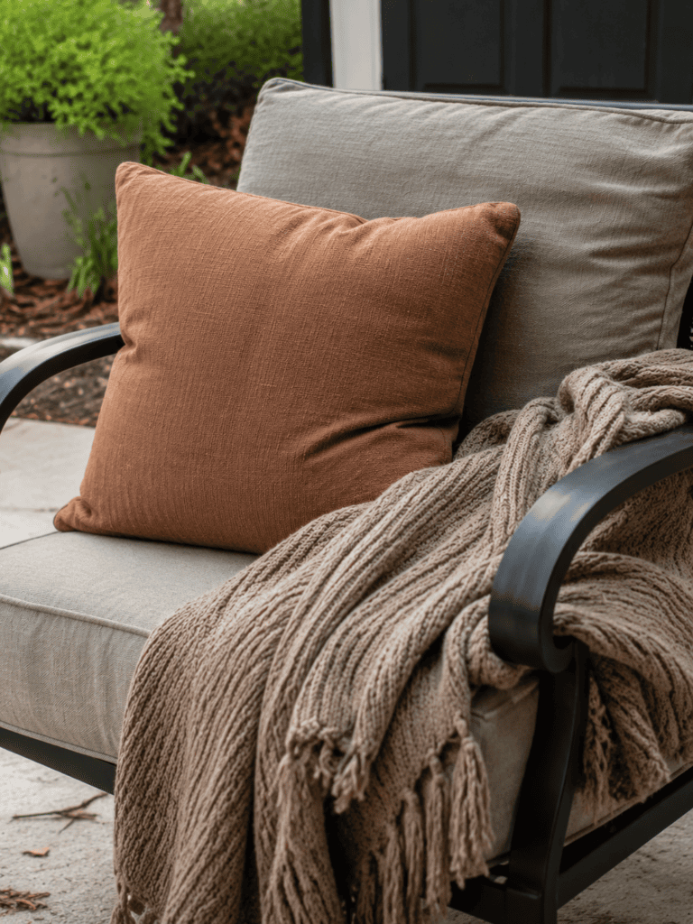 Soft outdoor cushions and a knitted throw adding coziness to patio seating