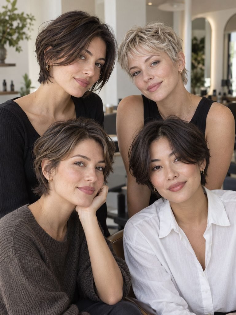 Women wearing a bixie, soft pixie, grown out pixie, and curtain crop
