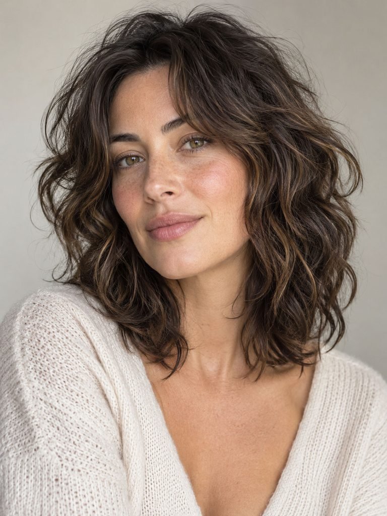 Naturally wavy medium shag with face framing layers around the cheek and jaw