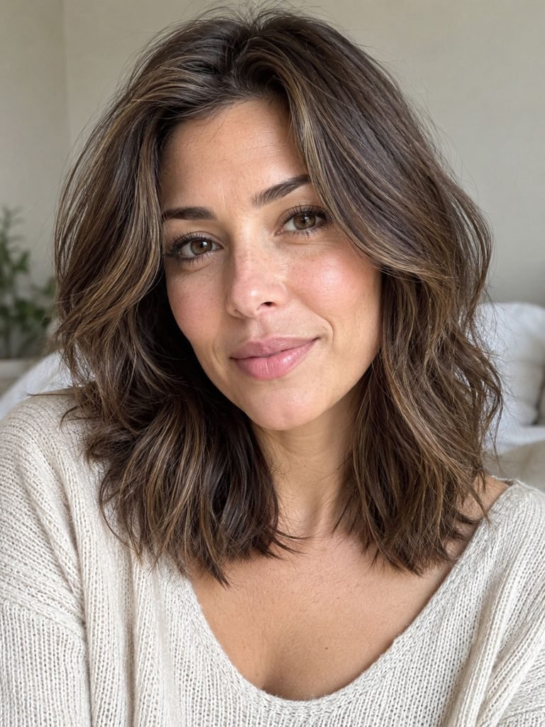 Woman wearing subtle face framing layers that blend naturally into medium length hair