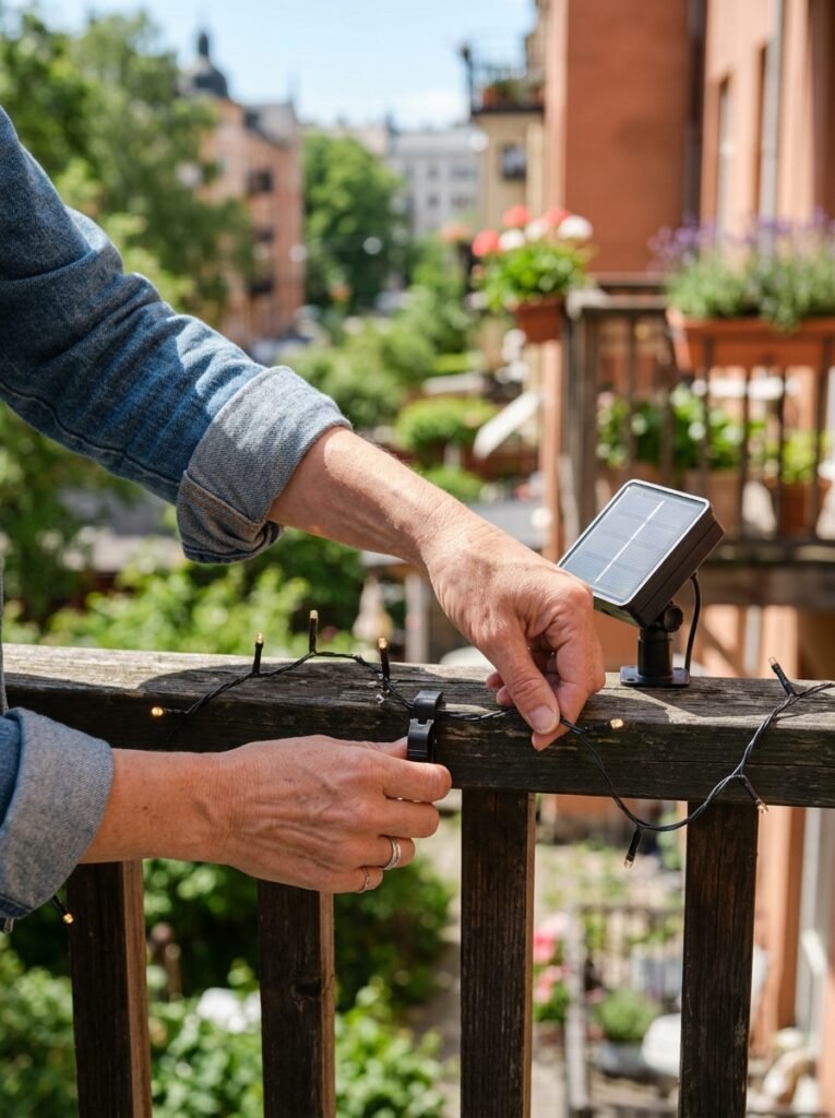 Hands clipping warm solar string lights onto a balcony railing with no drilling for a rental space