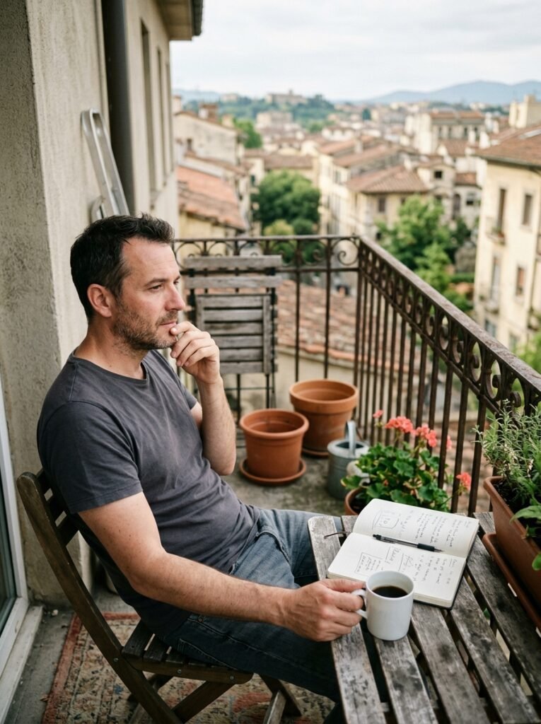 Man planning his balcony layout over morning coffee with a notebook and a few empty plant pots nearby