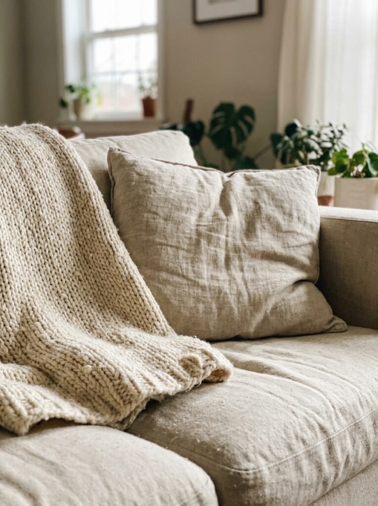 Layered knit blanket and linen cushions on a soft fabric sofa