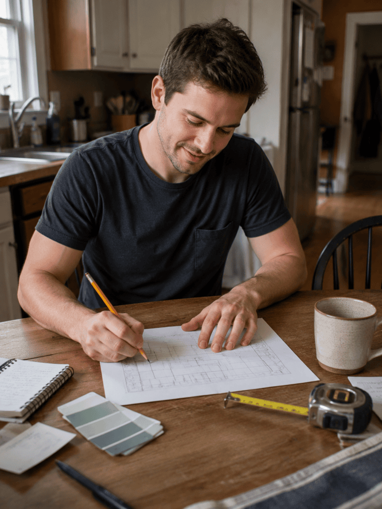 Man sketching a backyard patio layout plan on paper at a kitchen table