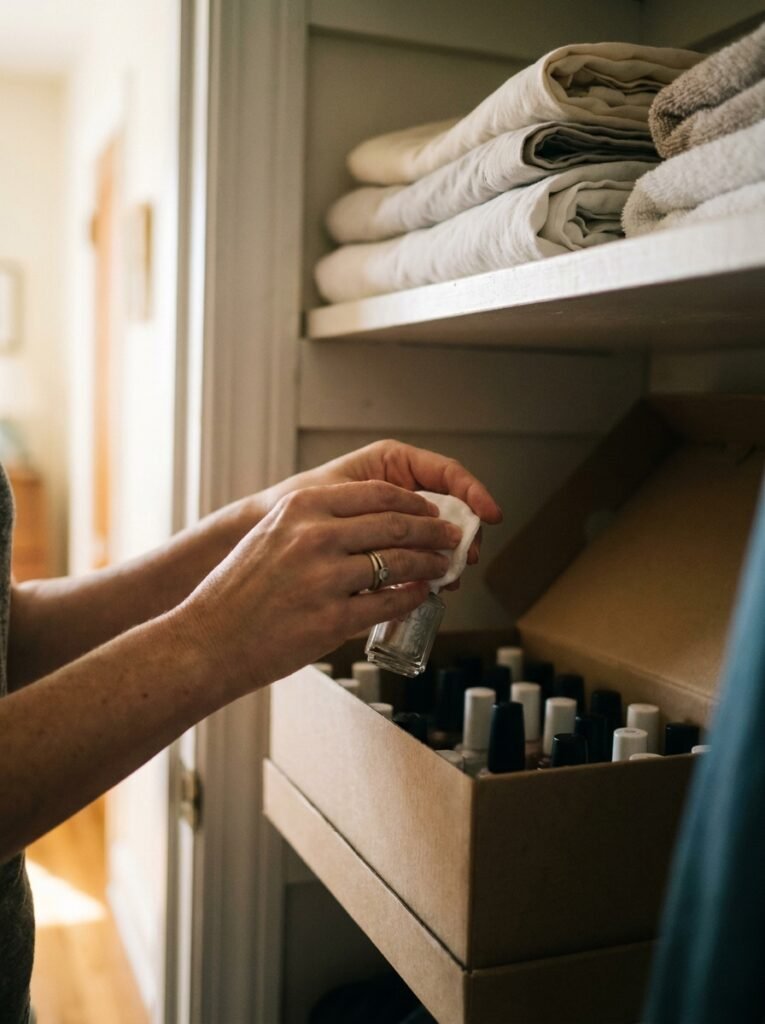 Wiping a nail polish bottle clean before storing it upright in a box