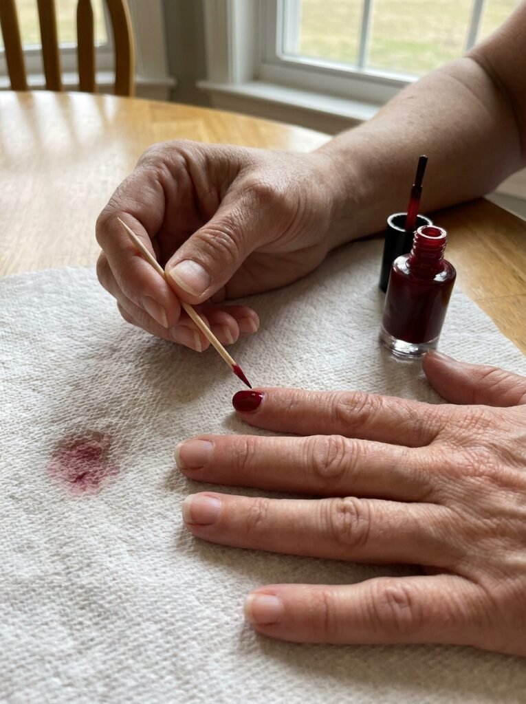 Hands creating a simple dot nail art design with a wooden toothpick