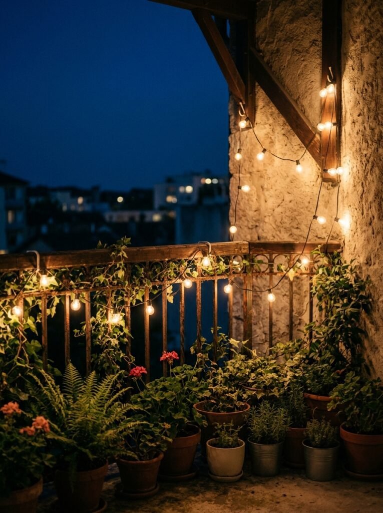 Warm toned string lights hung along a balcony railing glowing softly over potted plants in the evening