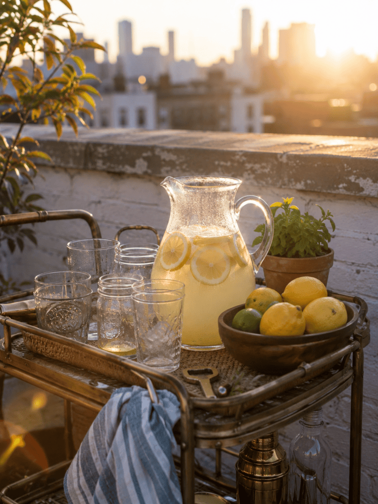 Thrifted brass bar cart with a lemonade pitcher, mason jars, and fresh citrus on a rooftop