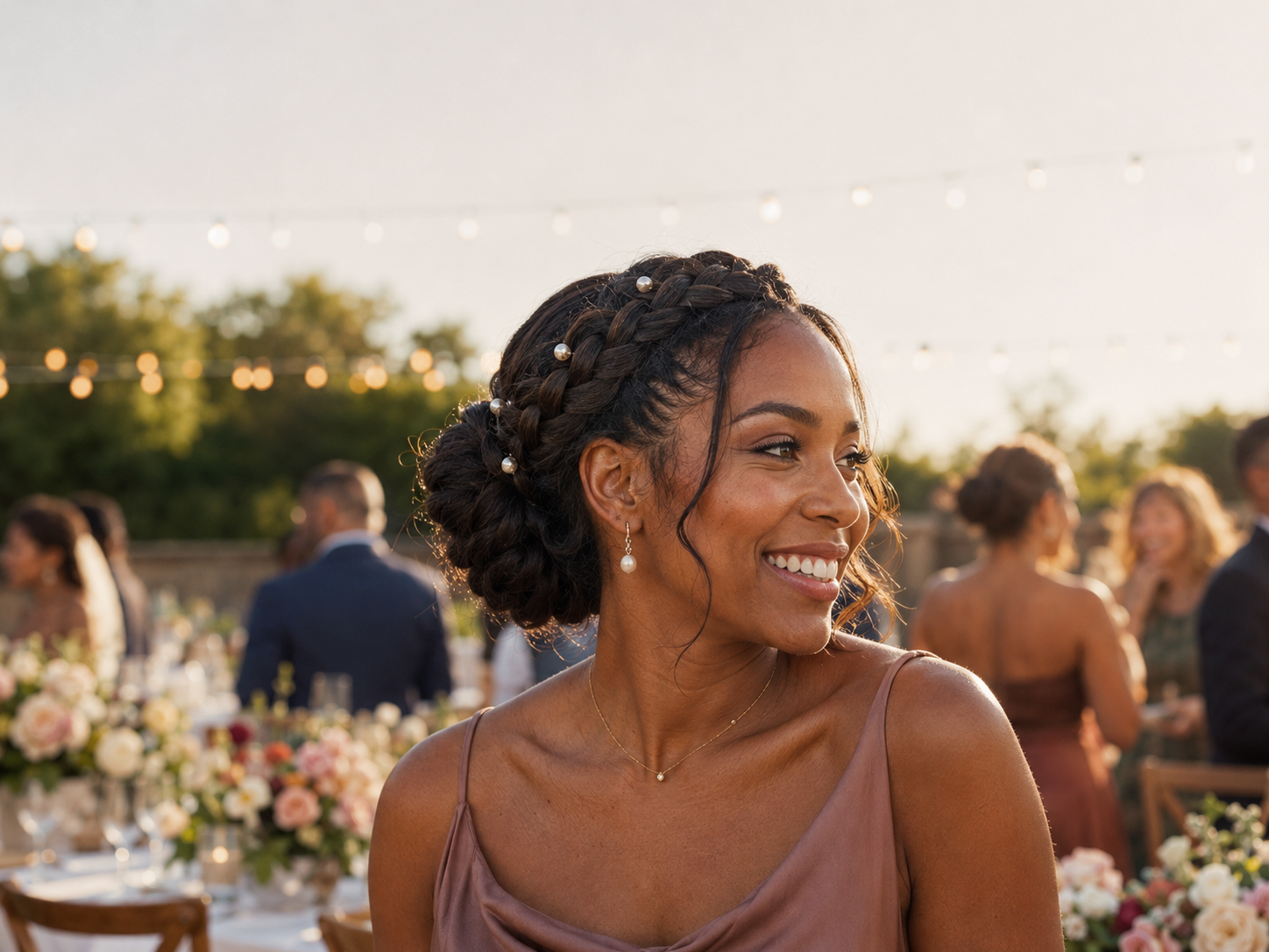 Black woman wearing a braided crown and low bun at an outdoor garden celebration.