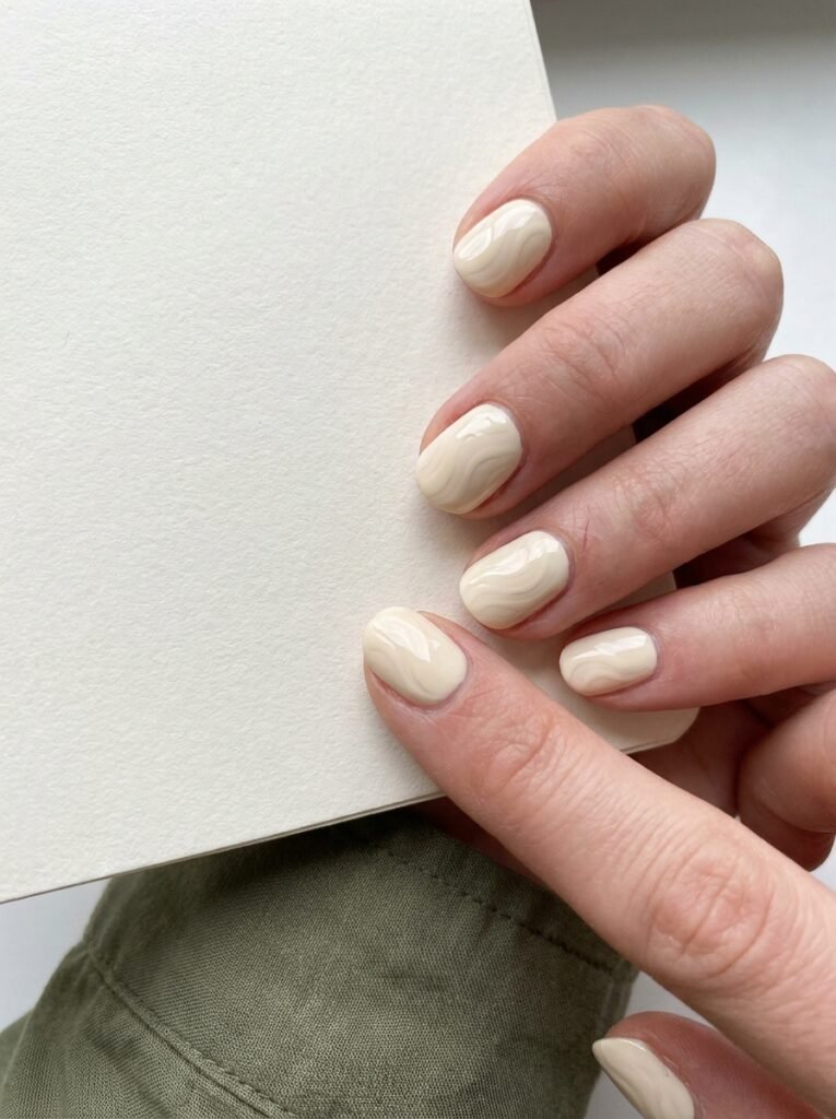 Subtle tone on tone cream nail art on short nails near a notebook