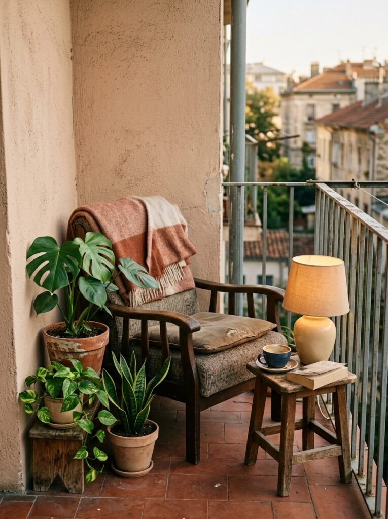Cozy balcony corner with potted plants, a soft warm lamp and a comfortable chair in late afternoon light