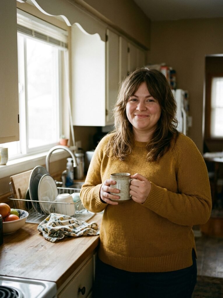 Round faced woman with long face framing layers in her kitchen