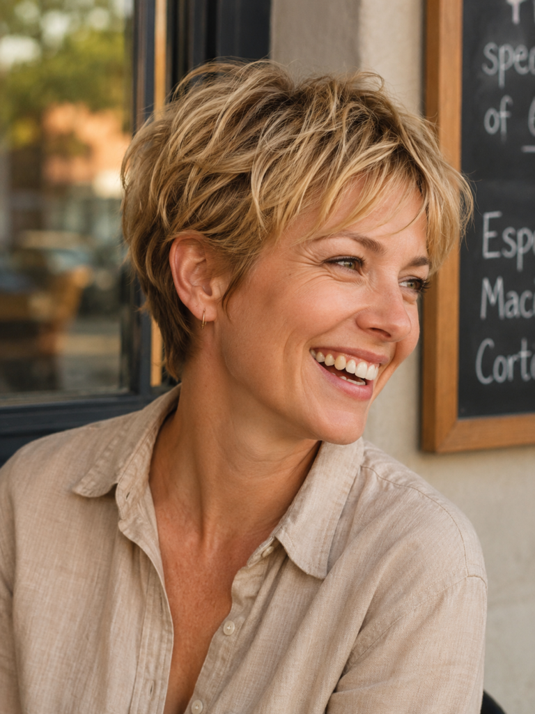 Woman with a honey blonde bixie haircut laughing in golden hour light.