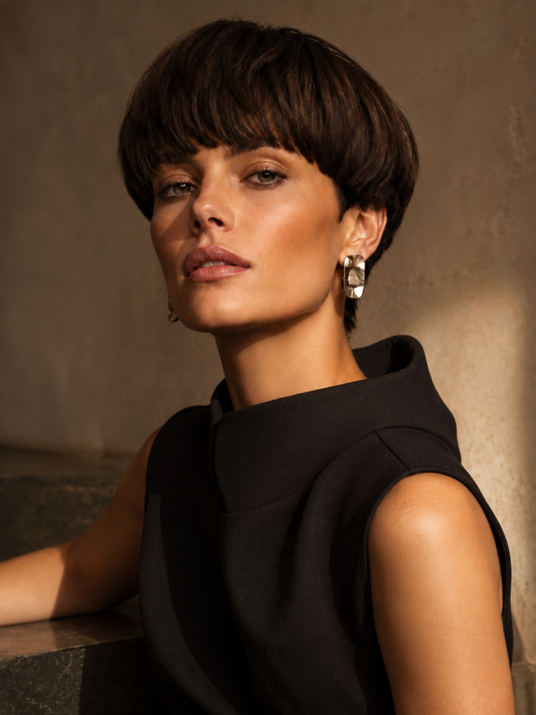 Woman with a modern feathered bowl cut in an editorial portrait.
