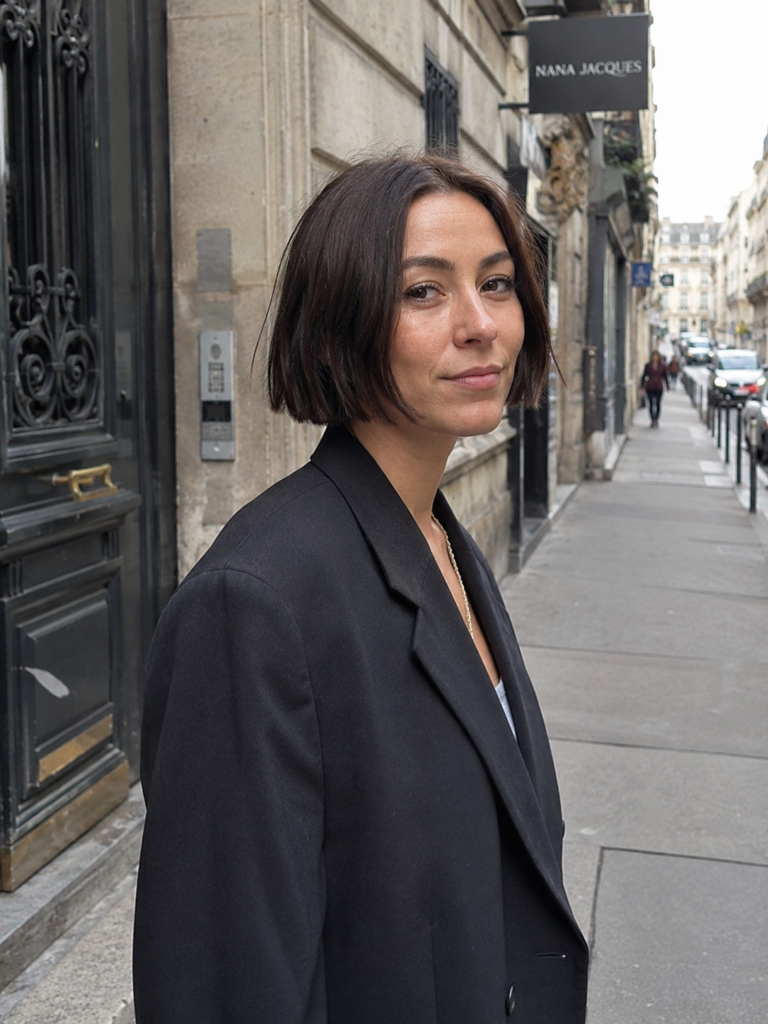 Woman with a blunt boy bob haircut in city street style.
