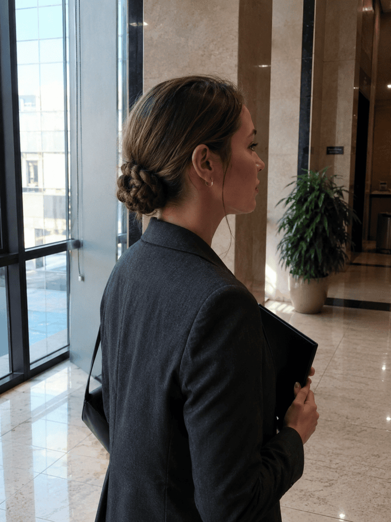 Braided low bun hairstyle before a morning meeting in an office lobby