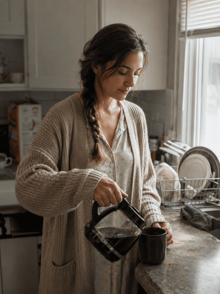 Classic side braid hairstyle on a woman pouring coffee in her kitchen before work