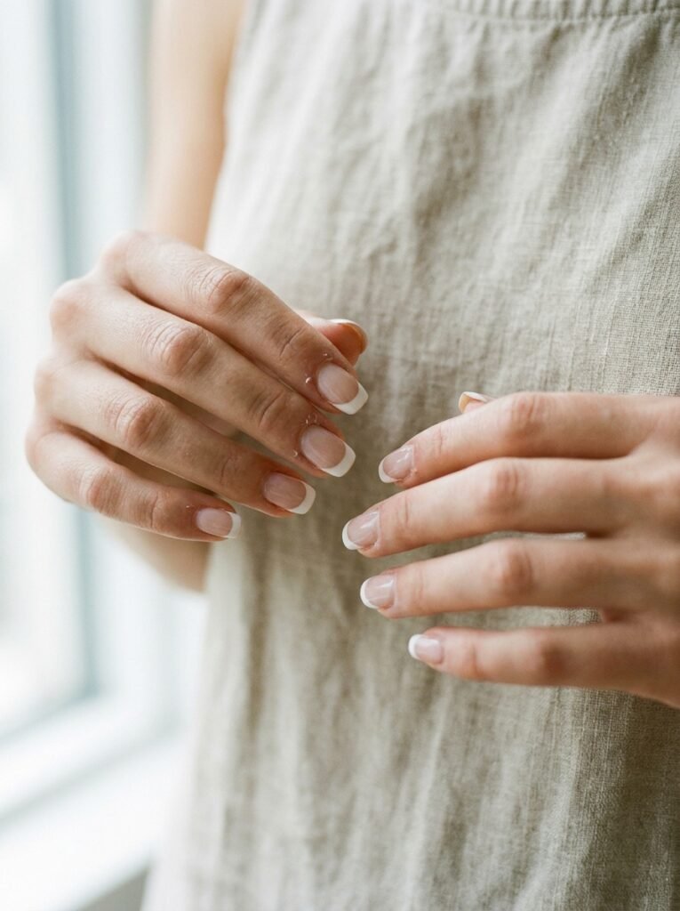 Clean white tip manicure over a sheer base on a young woman's hands.