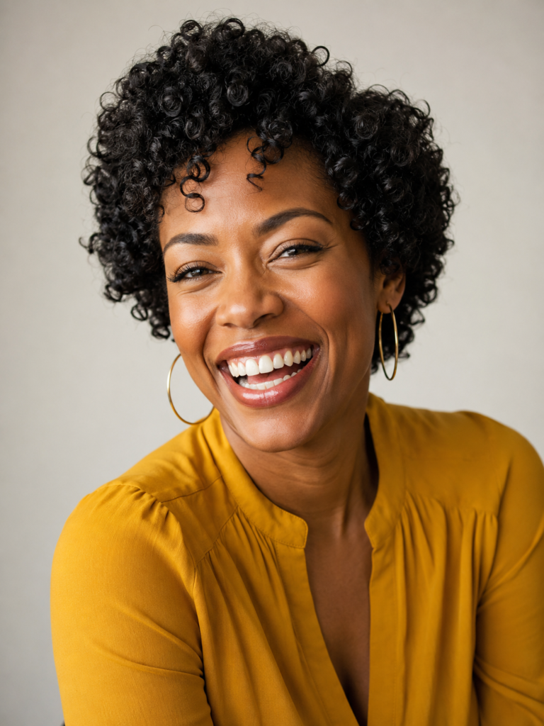 Woman with a defined curly bixie haircut laughing in soft light.
