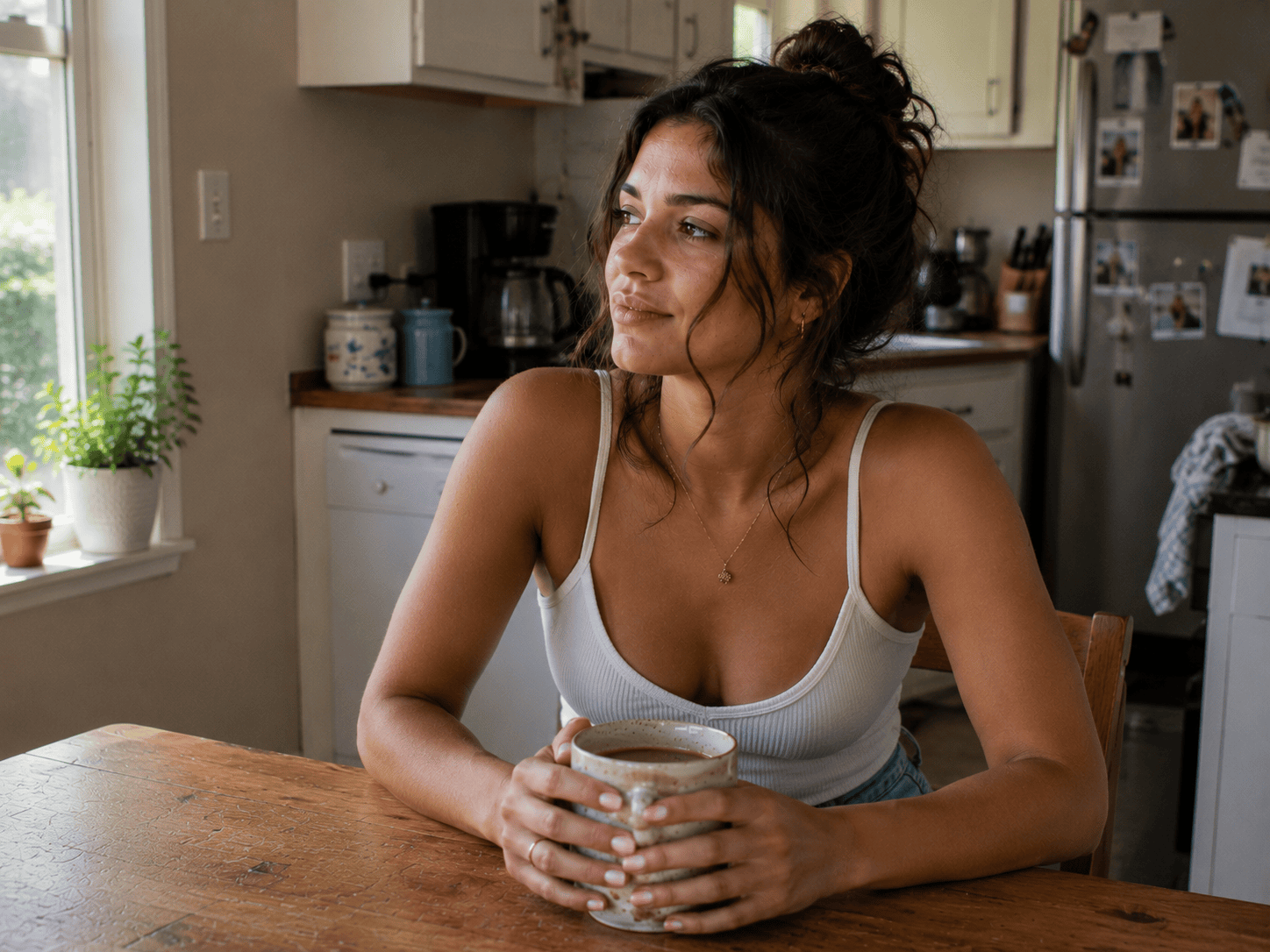 Woman with soft milky pink nails holding a coffee mug in morning kitchen light