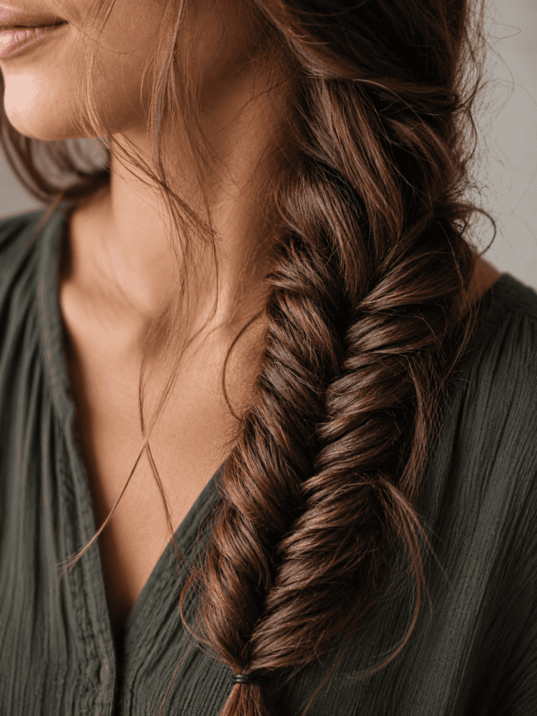 Loose fishtail braid detail on long chestnut brown hair