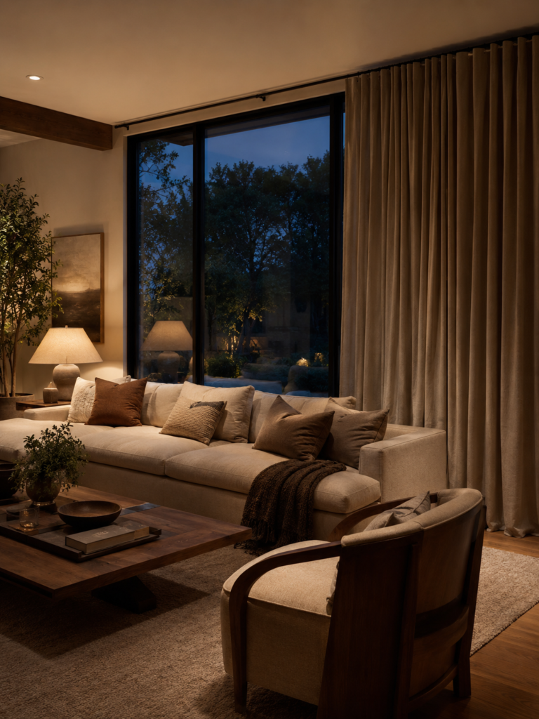 Cozy living room with full-length curtains adding privacy, warmth, sound softness, and visual weight around a large window.