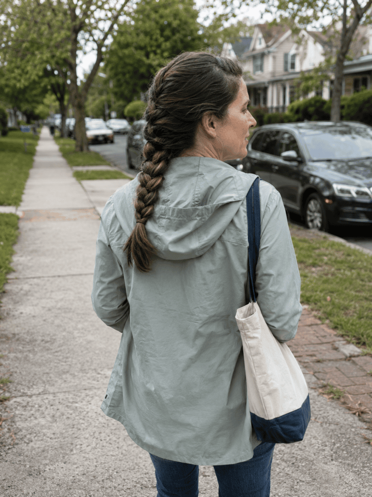 Neat French braid holding in place during a morning walk to work