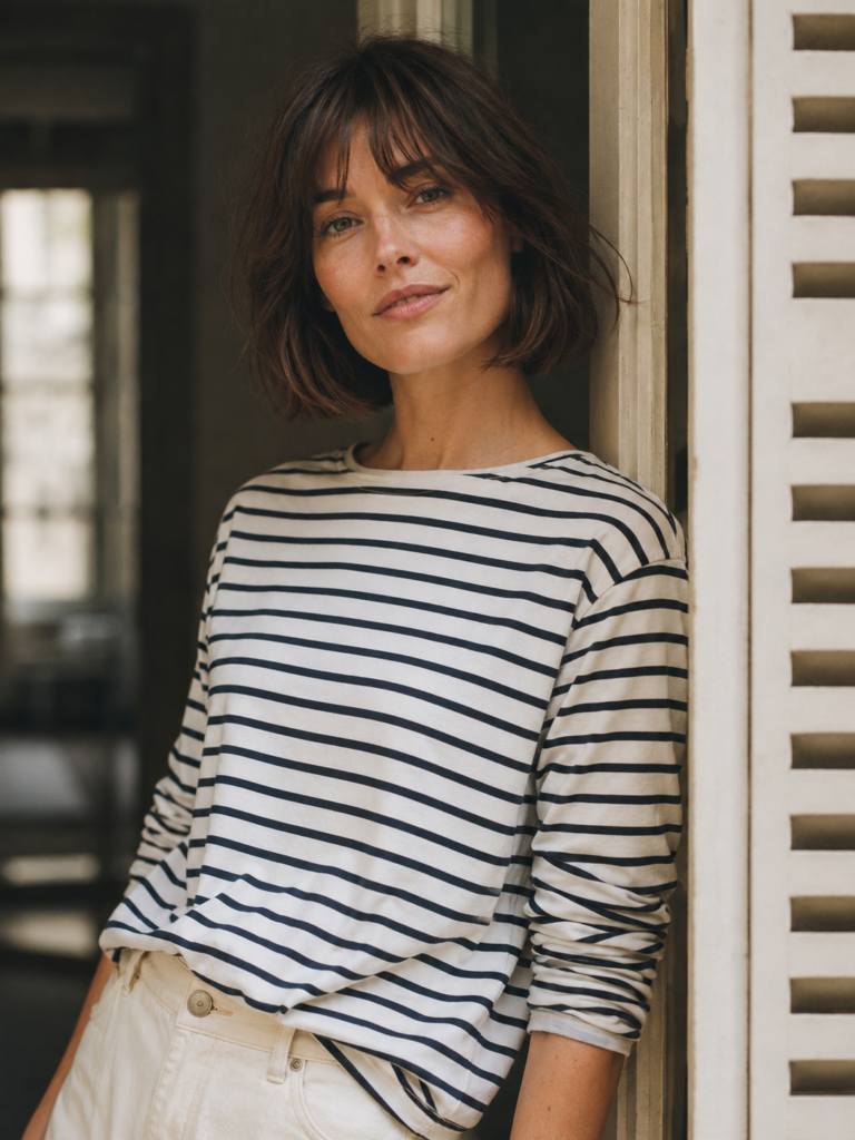 Woman with a short French girl bob and curtain bangs in a doorway.