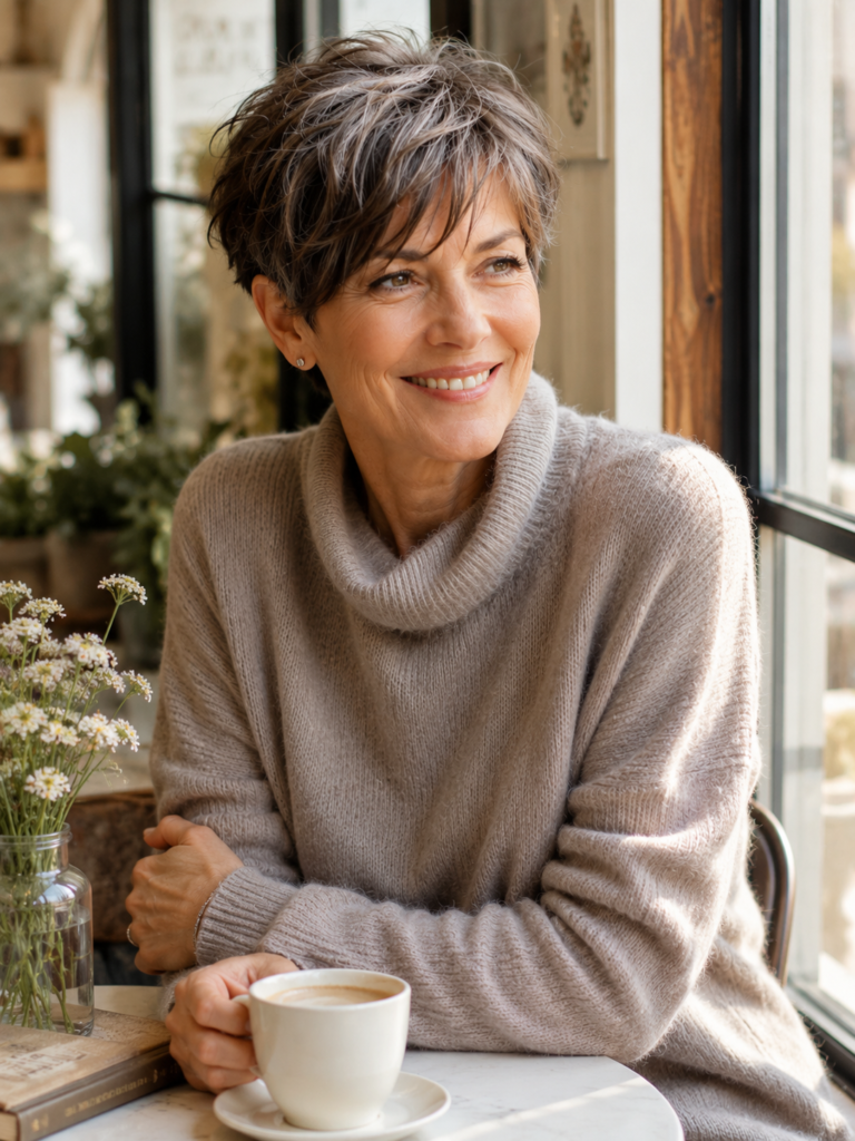 Woman over fifty with a soft gamine pixie haircut smiling by a window