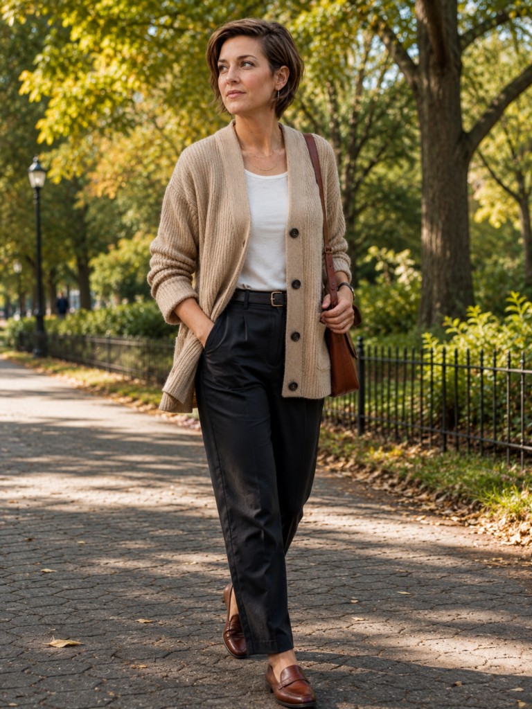 Woman with a stylish grown out pixie walking through a park.