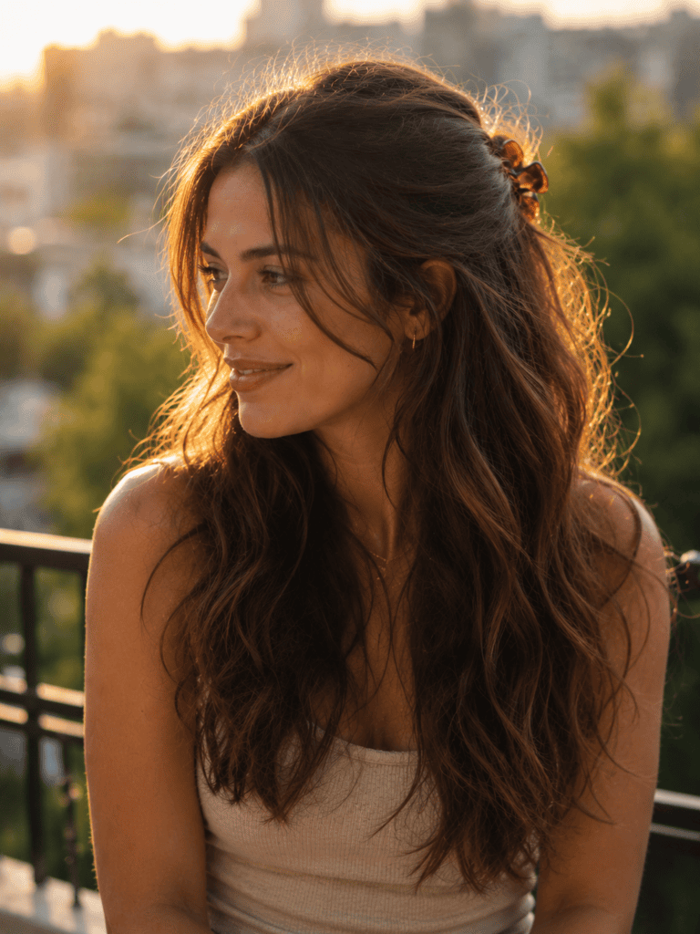 Half up half down long hairstyle held with a small claw clip at golden hour