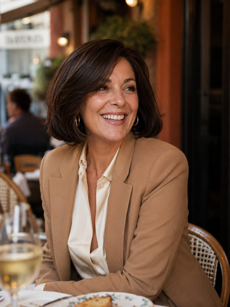 Woman with a bouncy espresso Italian bob at an outdoor cafe