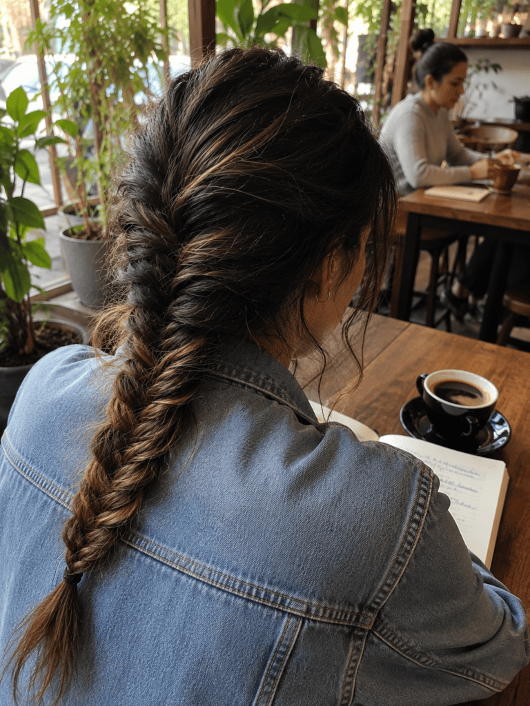 Messy fishtail braid over the shoulder of a woman at a neighborhood cafe